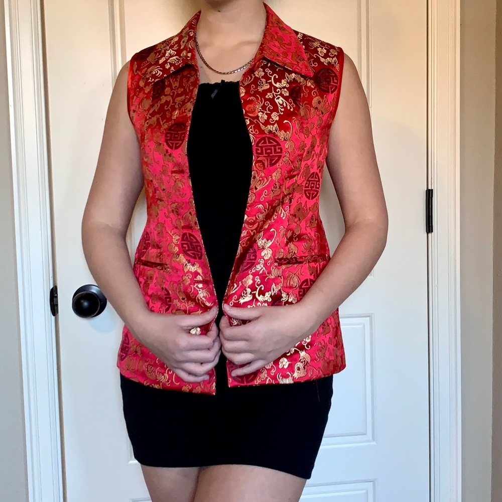 VTG Handmade Red and Gold Asian Silky Vest